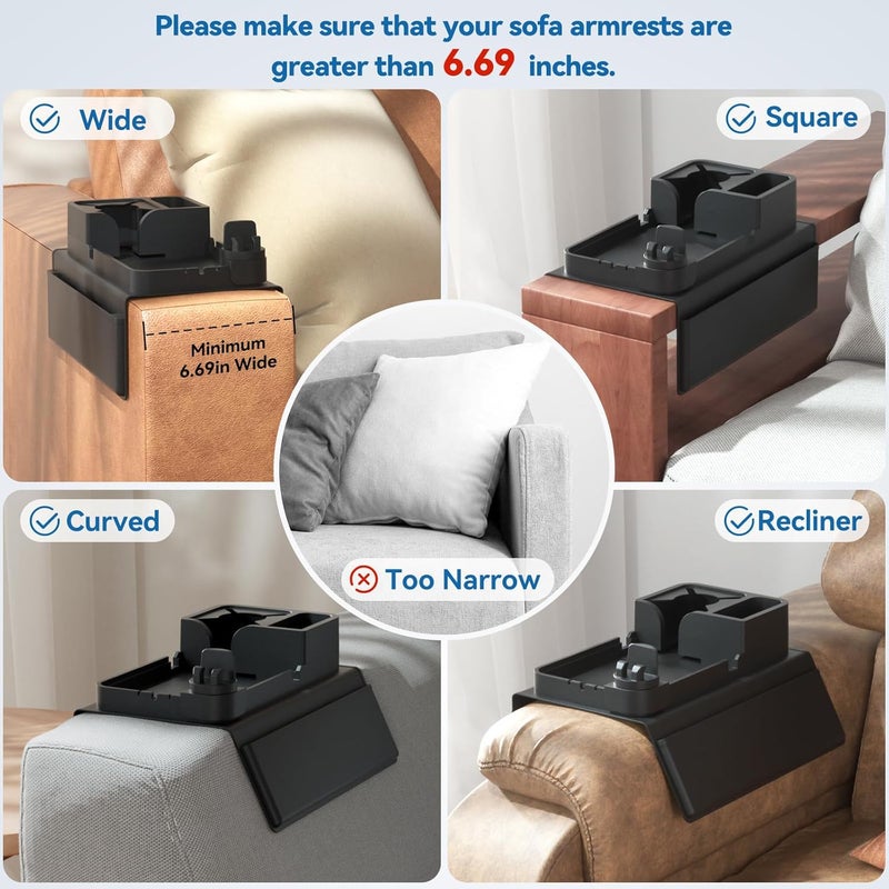 CLESOO Couch Arm Cup Holder Couch Arm Tray Anti-Slip Couch Cup Holder Silicone Sofa Armrest Tray Dual Side Pocket Couch Drink Holder Sofa Caddy Arm Remote Holder Snack Caddy with Phone Holder Black - Image 2